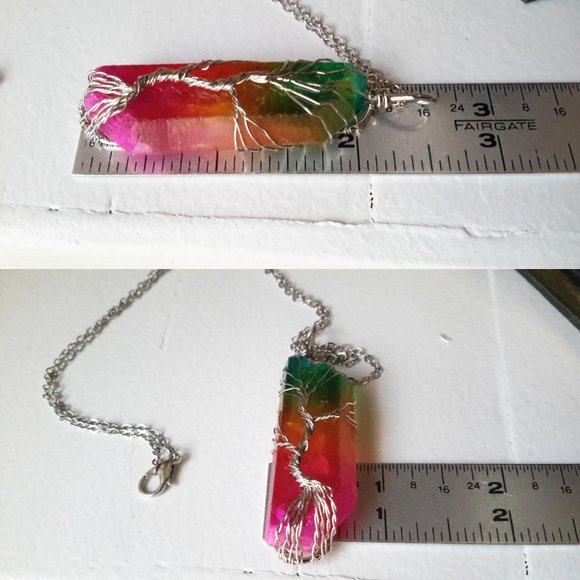 🌳Tree of Life🌳 Wire Wrap Rainbow🌈Sunset Raw Crystal Quartz Necklace✨ - Picture 4 of 5